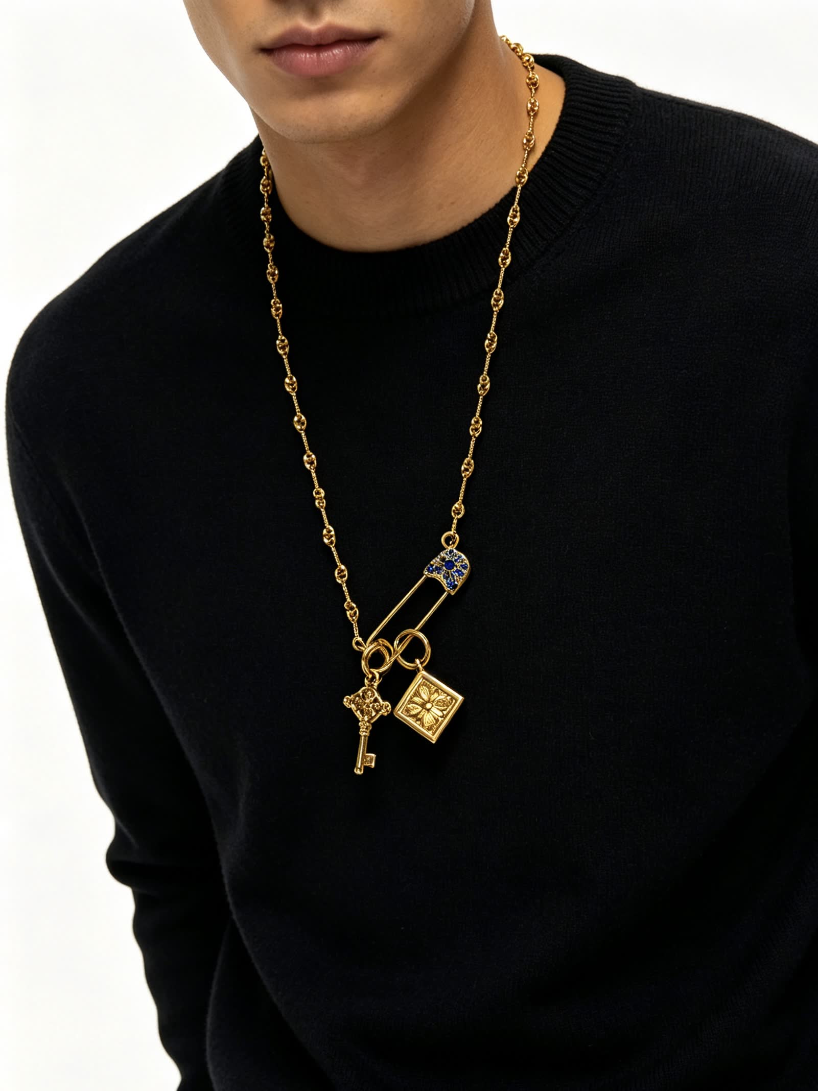 Chrome Hearts Gold-Plated Necklace with Key and Square Charm